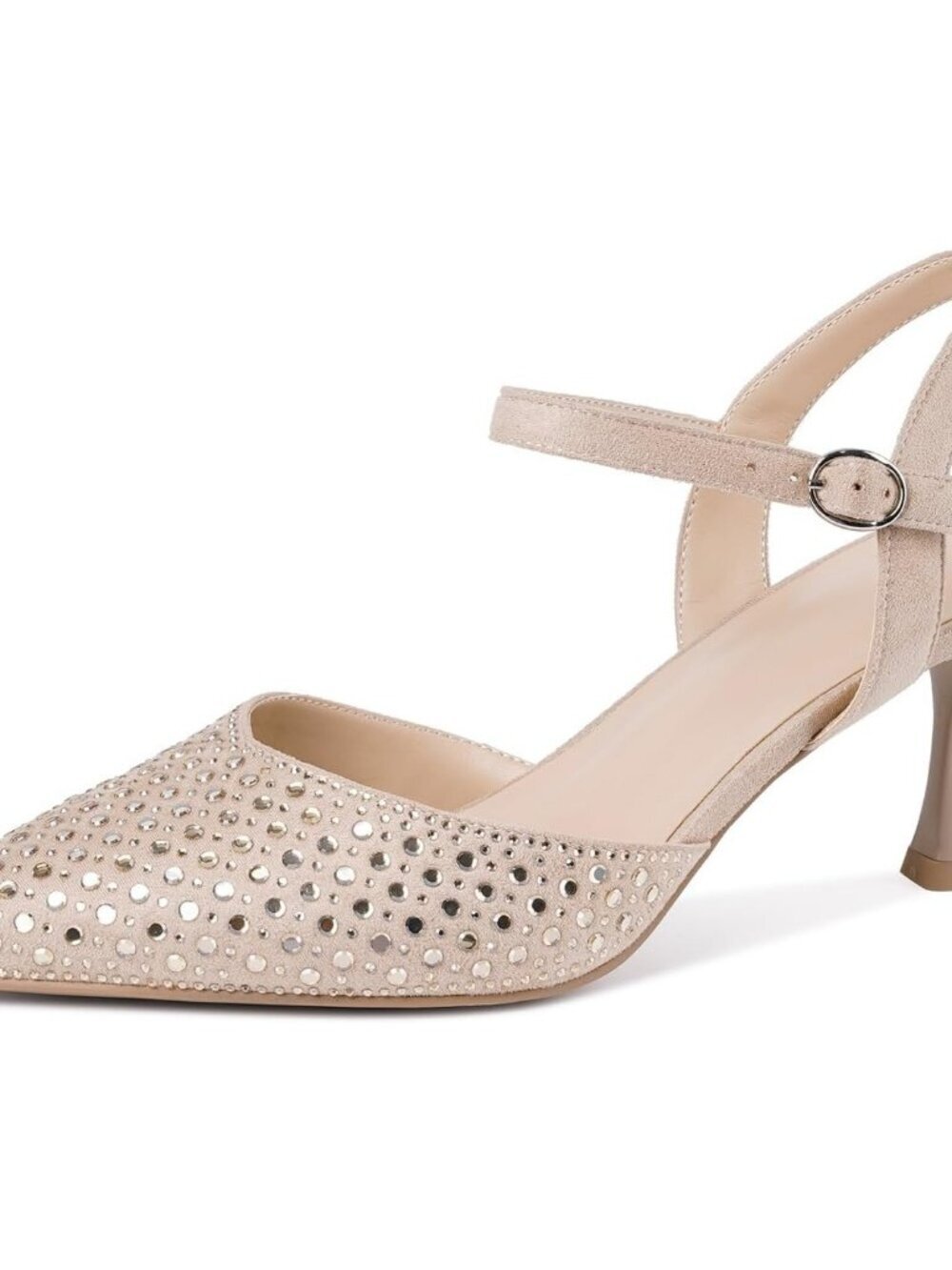 Women's Beige Rhinestone Kitten Heels Slingback Heels Dressy Pumps Ankle Strap